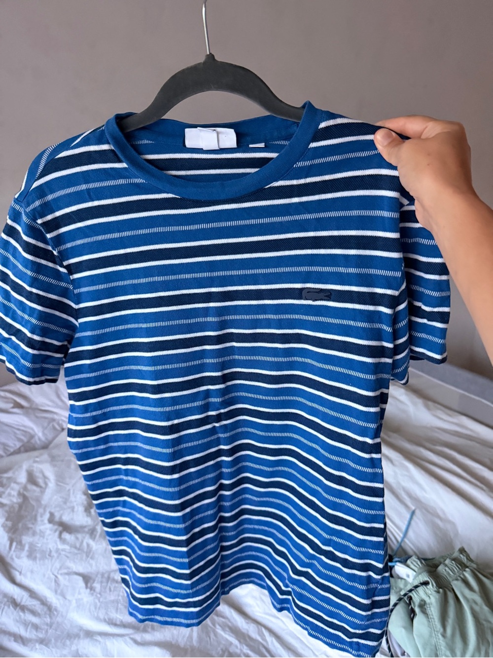 Lacoste Blue and White Striped Kids Tee - Crew Neck